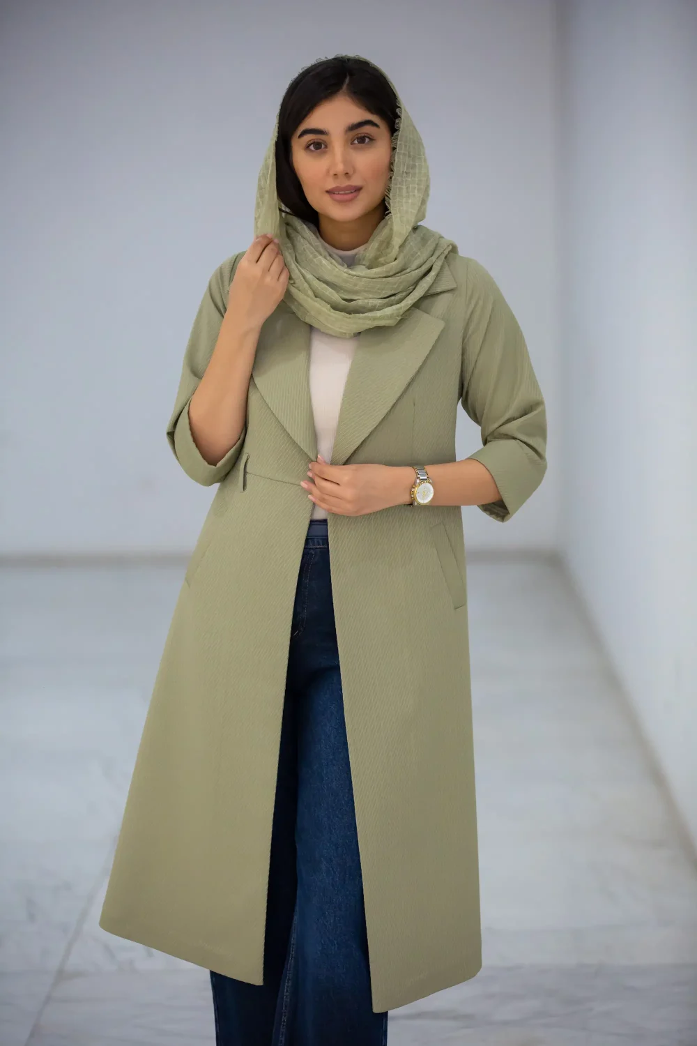 مانتو مازراتی ژاکارد یقه انگلیسی کمردار