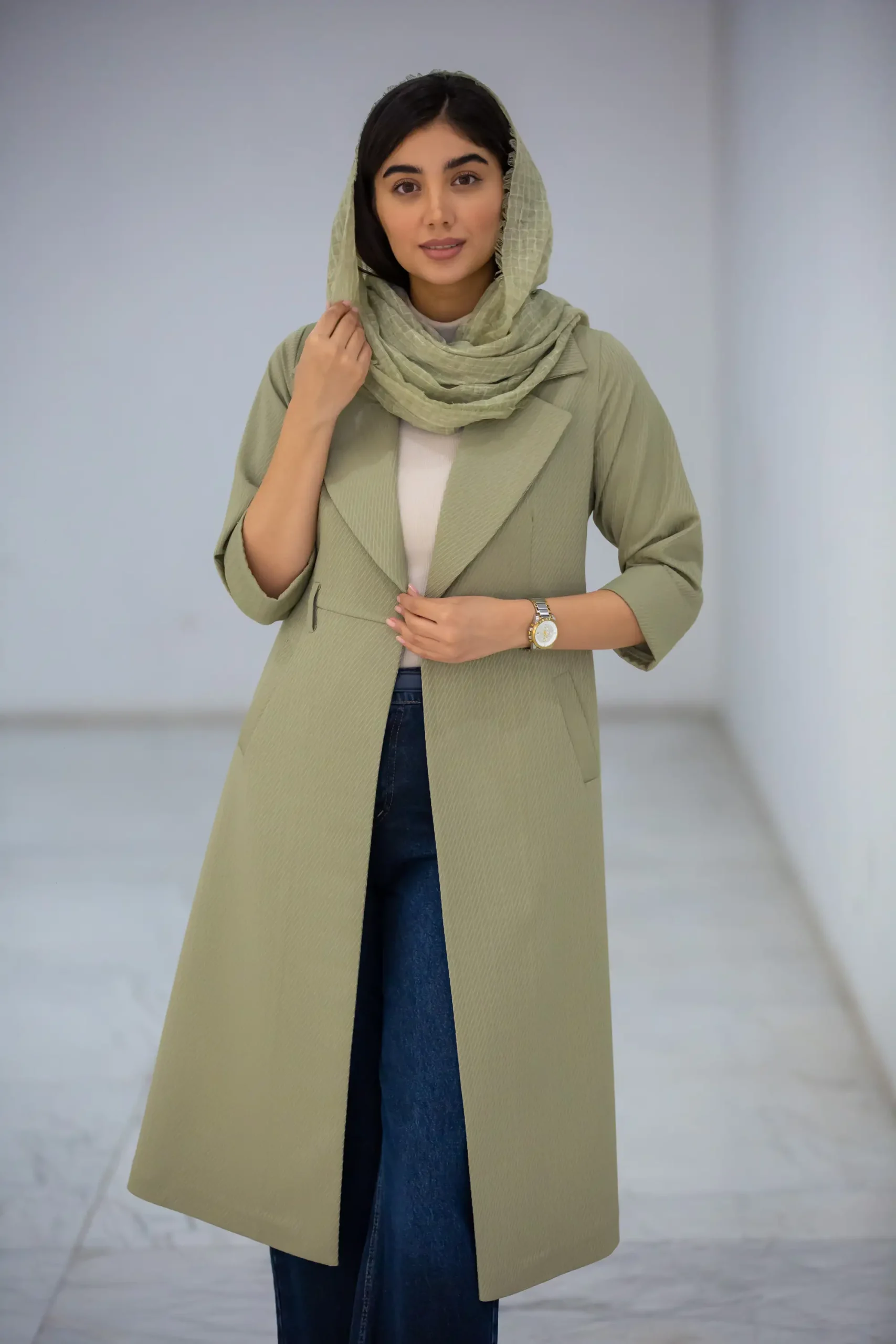 مانتو مازراتی ژاکارد یقه انگلیسی کمردار